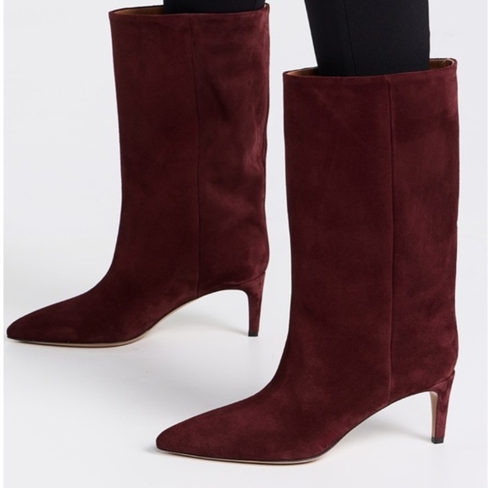 Paris Texas Boots 60 MM Stiletto Mid-Calf Pointed Toe in Calfskin Suede Burgundy